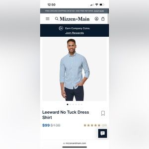 Brand New Mizzen+Main Leeward No Tuck Dress Shirt